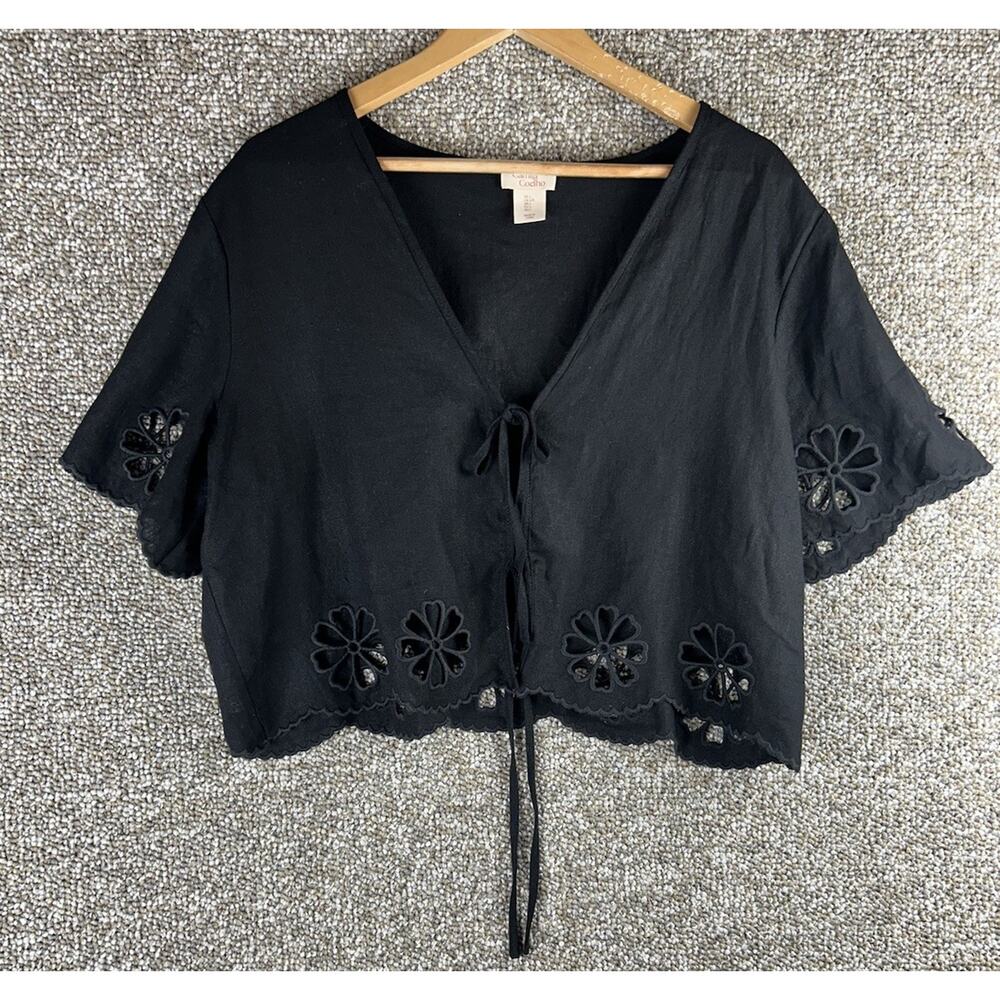 Camila Coelho Top Black Linen Blend Sz Large Double Tie Floral Cutout Cropped